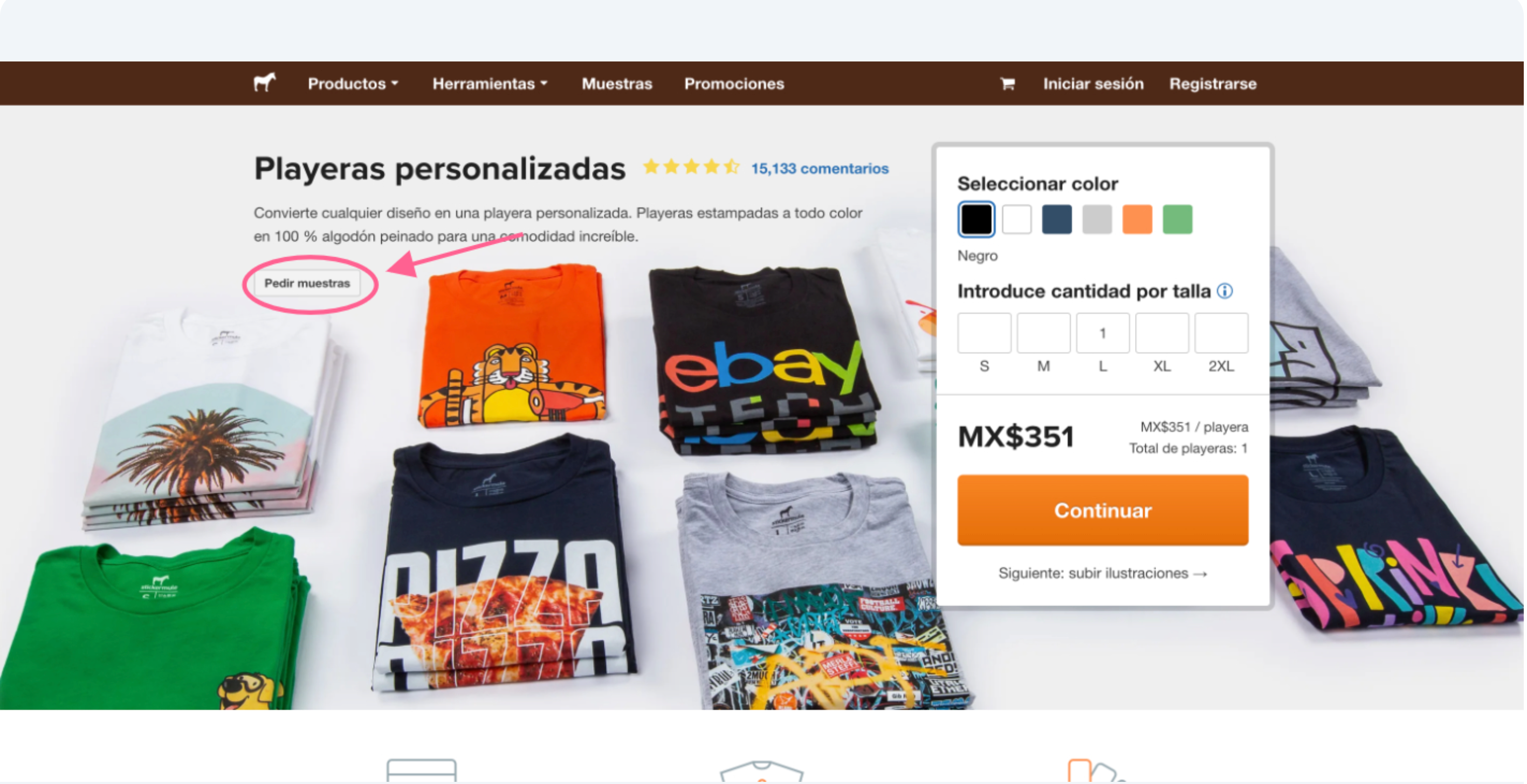 captura de pantalla del botón de muestras de playeras personalizadas de stickermule para pedir playeras impresas personalizadas