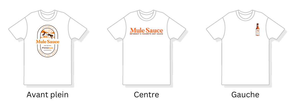 T-shirts personnalisés avec des designs imprimés à différents endroits, comme sur tout le devant, au centre de la poitrine et sur la poitrine gauche