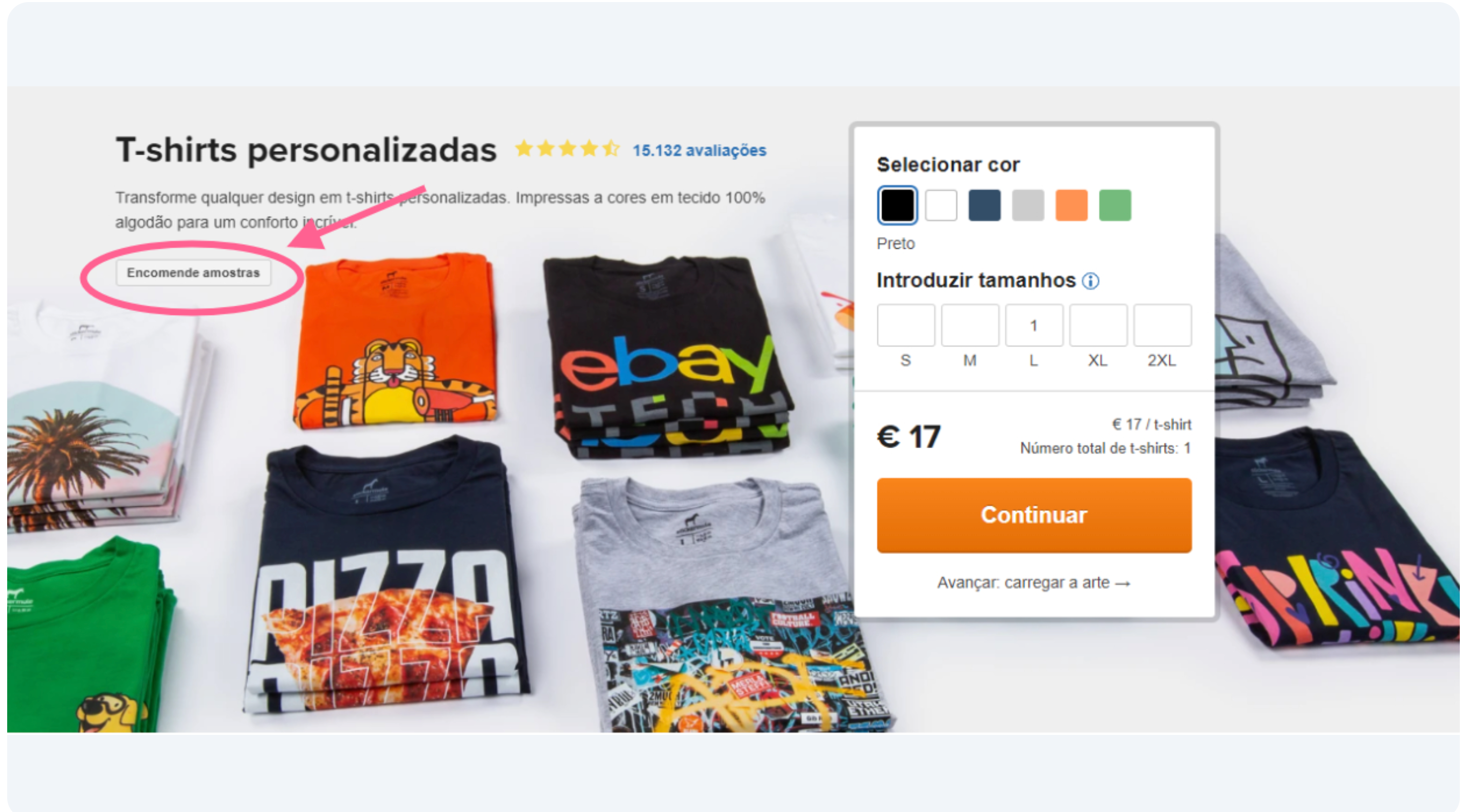 imagem do botão de encomenda de amostras de t-shirts personalizadas