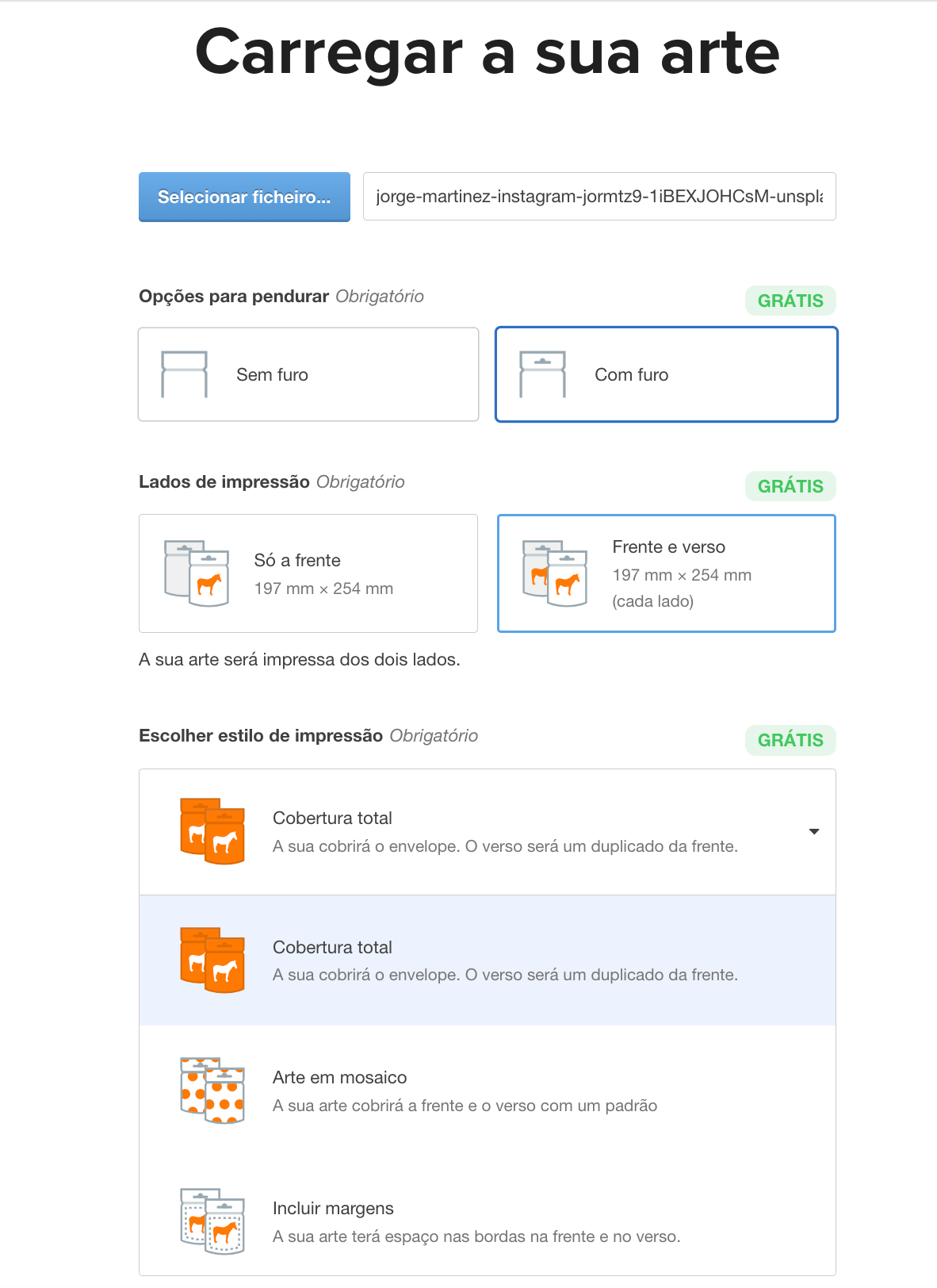carregar fotos para impressão dos dois lados em sacos stand up pouch