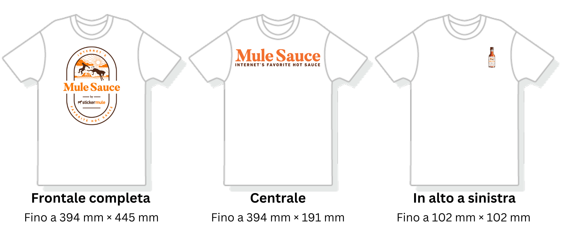 confronto tra diverse aree di stampa sulle magliette personalizzate