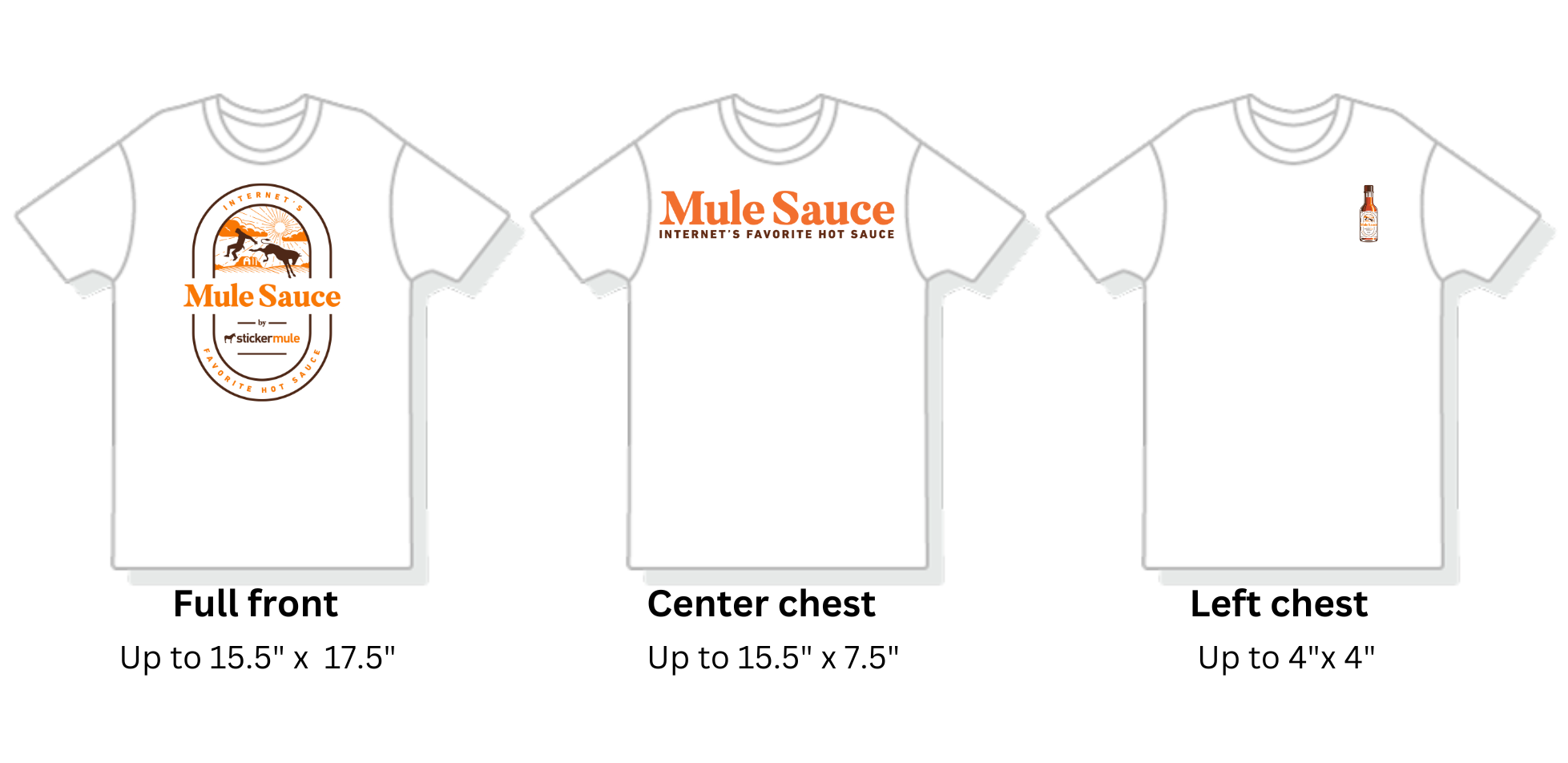 visual comparison of different print areas on custom t-shirts