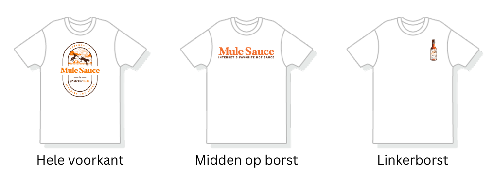 t-shirts op maat met het ontwerp gedrukt op diverse posities, waaronder volledige voorzijde, midden op borst en op linkerborst