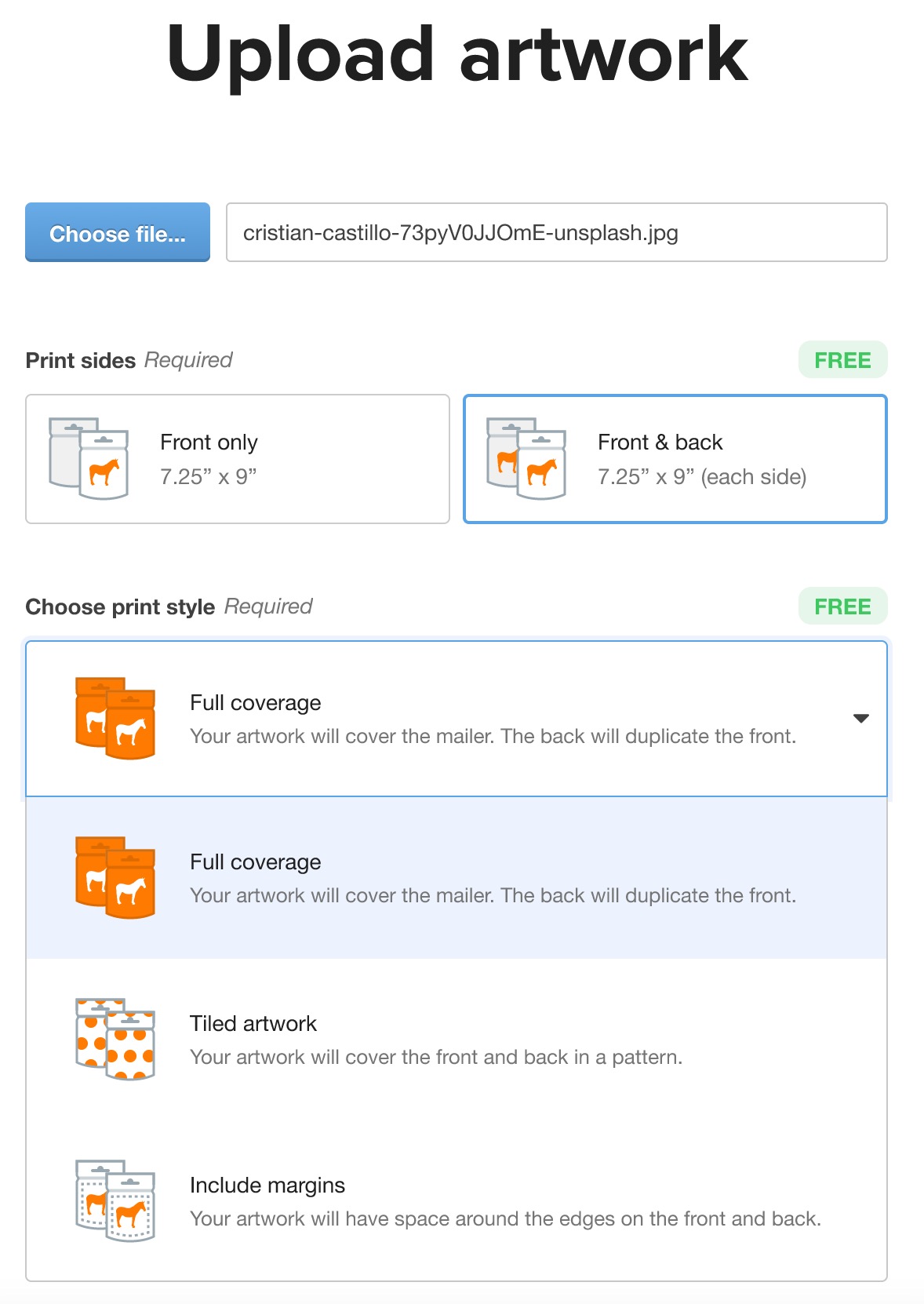 upload photos for custom double sided standup pouches