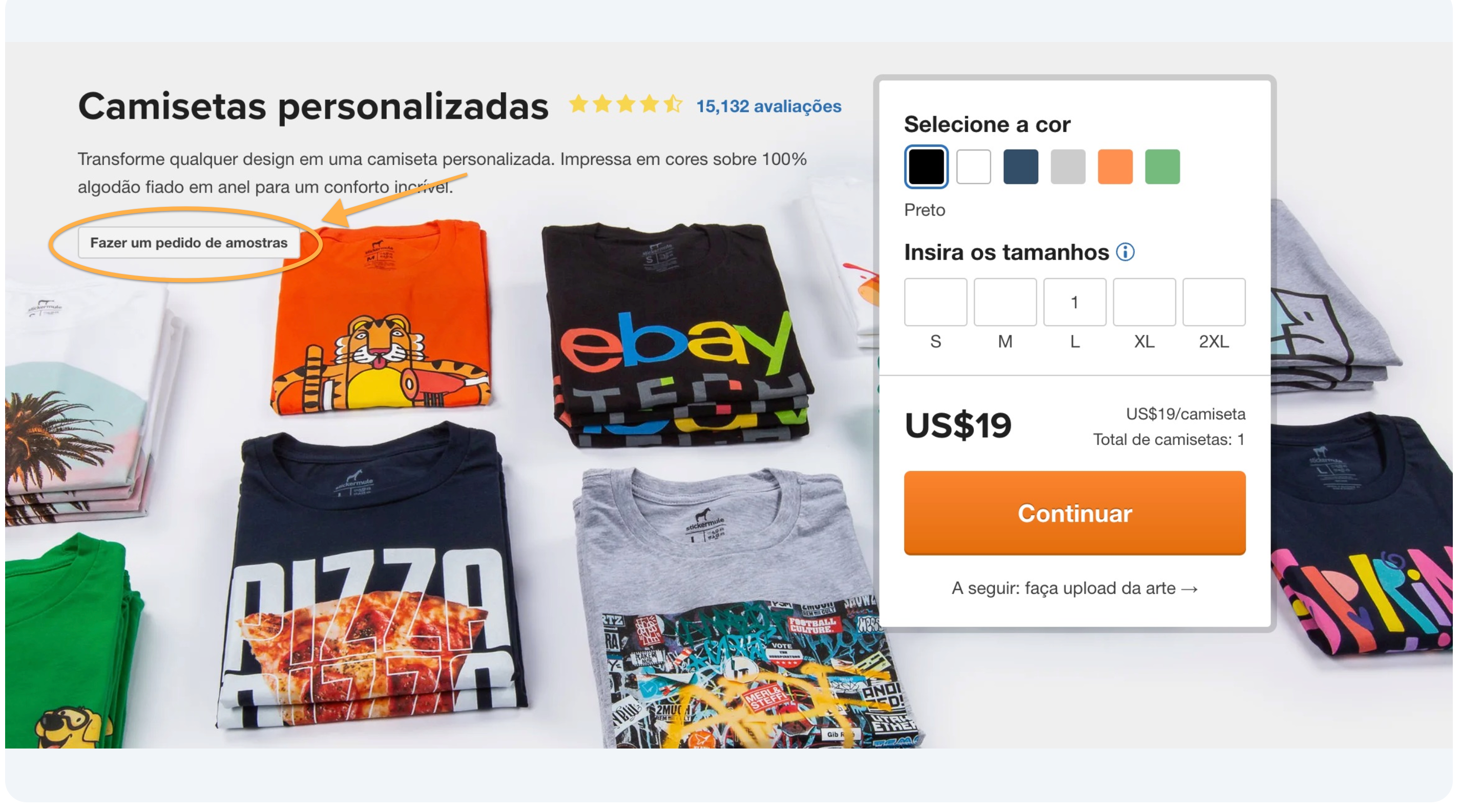 imagem do botão de encomenda de amostras de camisetas personalizadas da sticker mule