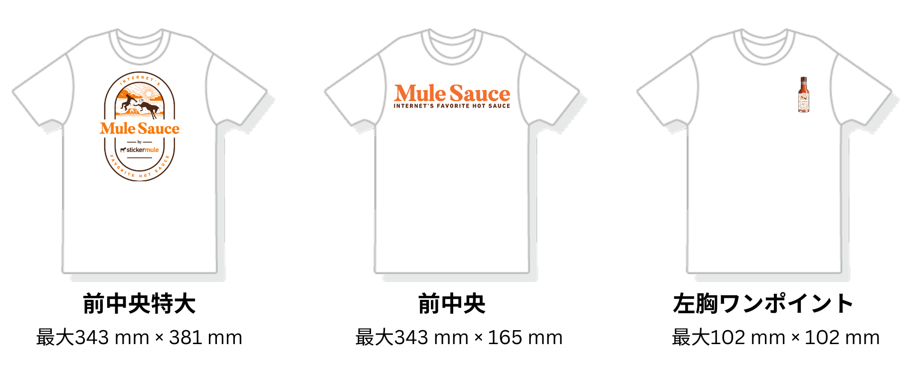 オリジナルTシャツの異なる印刷部分がどのように見えるかを比較