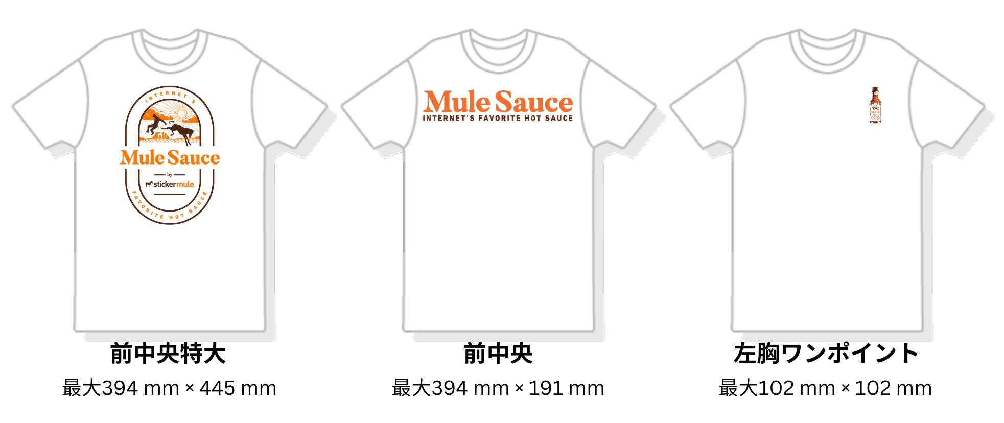 オリジナルTシャツの異なる印刷部分がどのように見えるかを比較