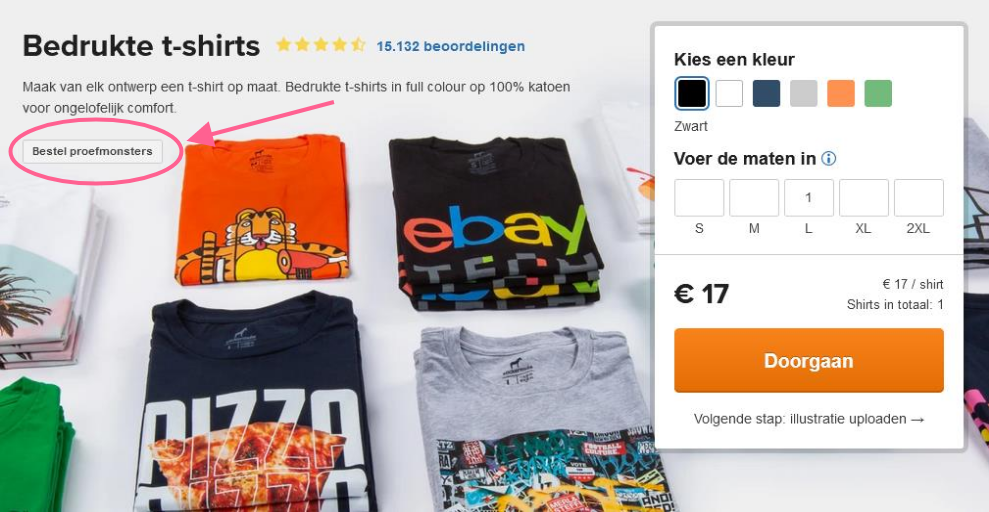 screenshot van de knop om proefmonsters van t-shirts op maat van sticker mule te bestellen