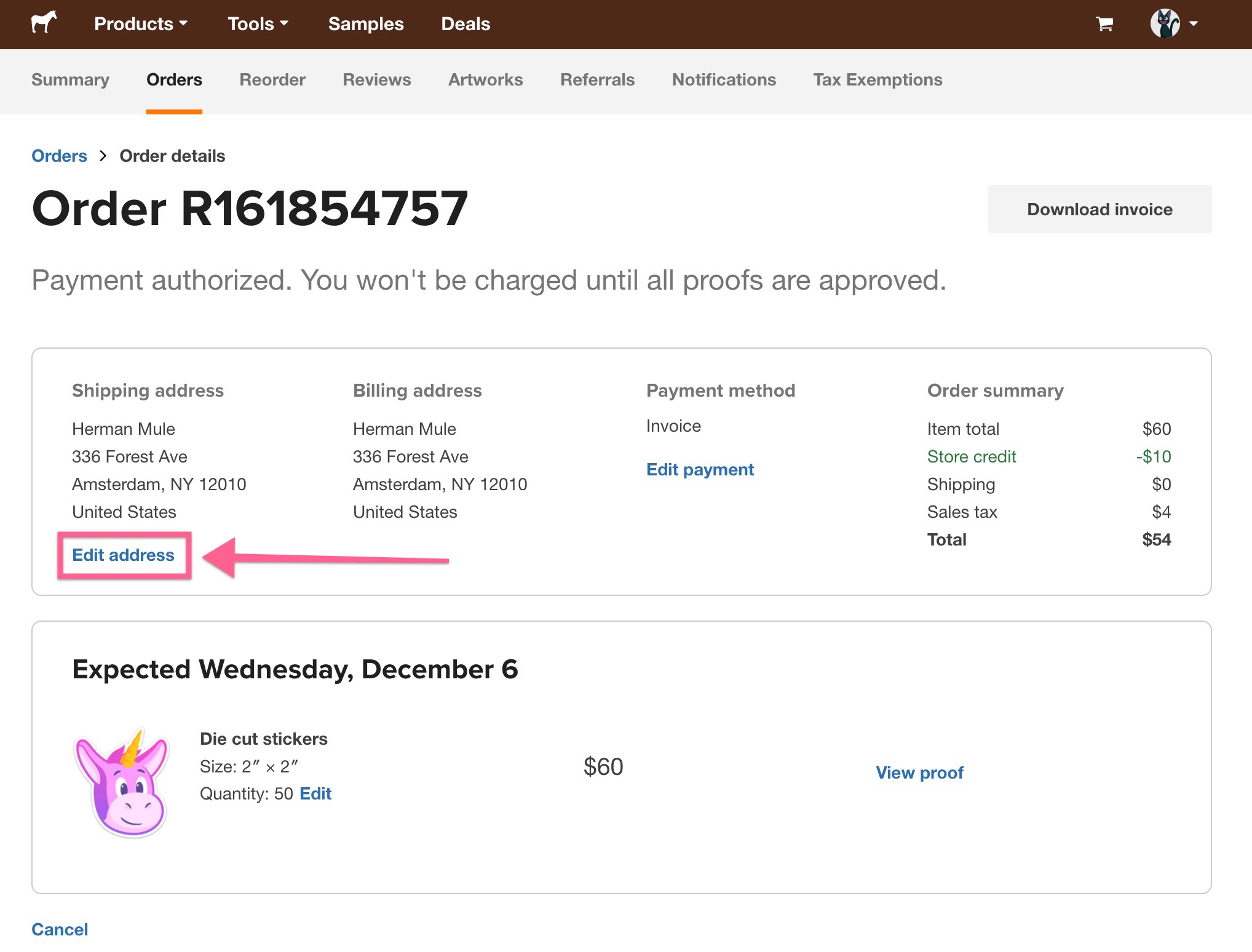 update your shipping address through your account