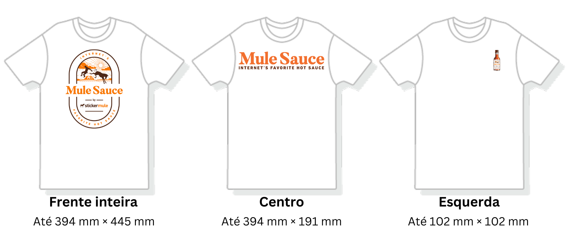 comparação visual das diferentes áreas de impressão em camisetas personalizadas