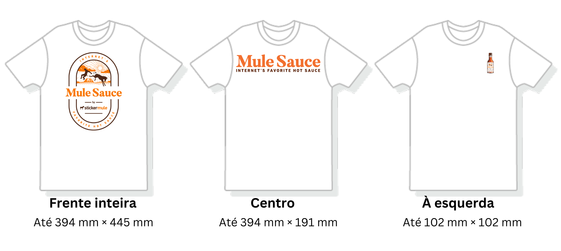 comparação visual de diferentes áreas de impressão em t-shirts personalizadas