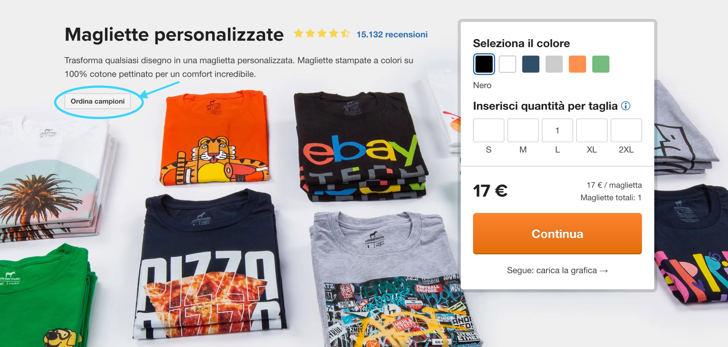 schermata del pulsante campioni di magliette personalizzate di sticker mule per ordinare magliette stampate su misura