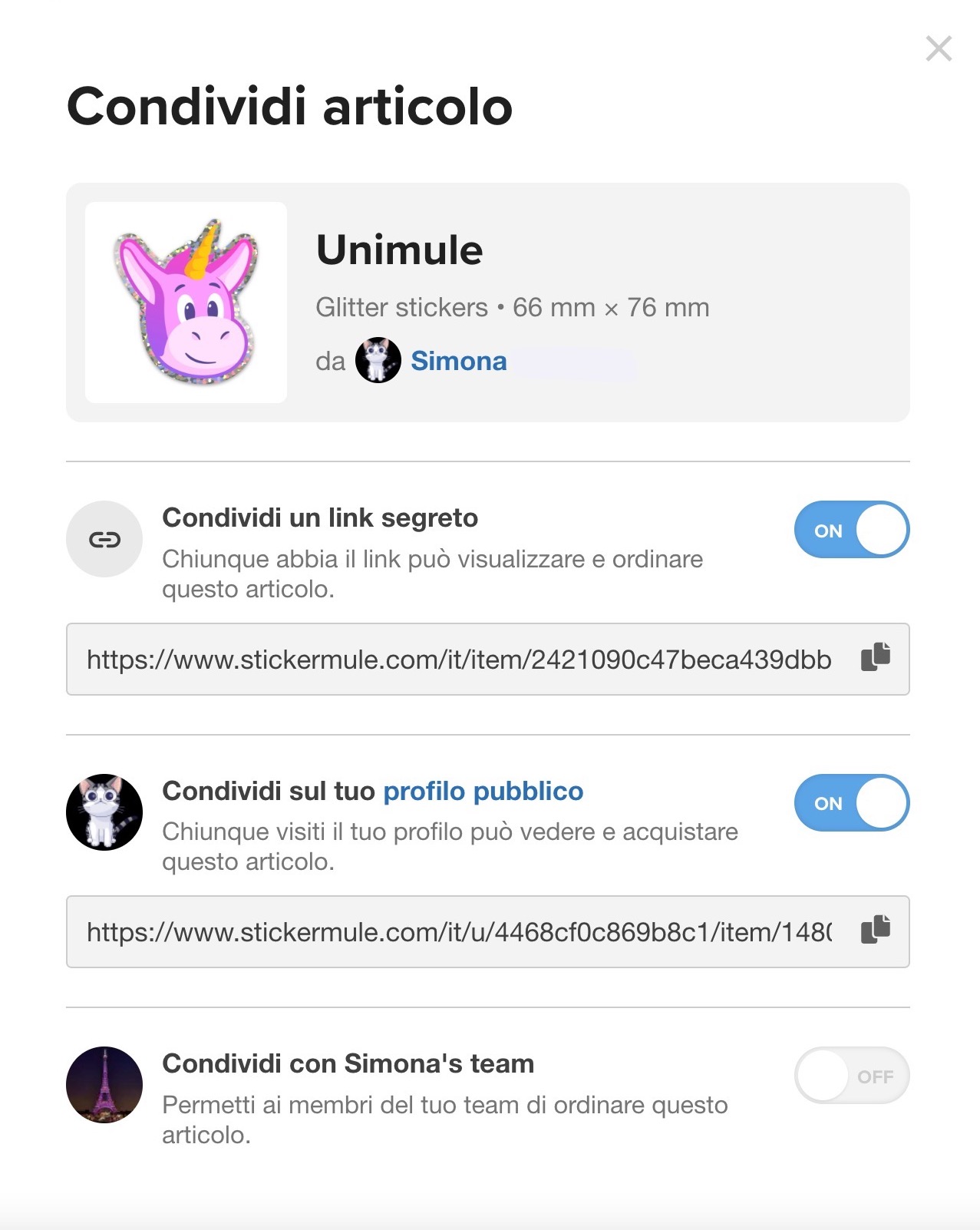 profilo sticker mule con opzioni per condividere una grafica