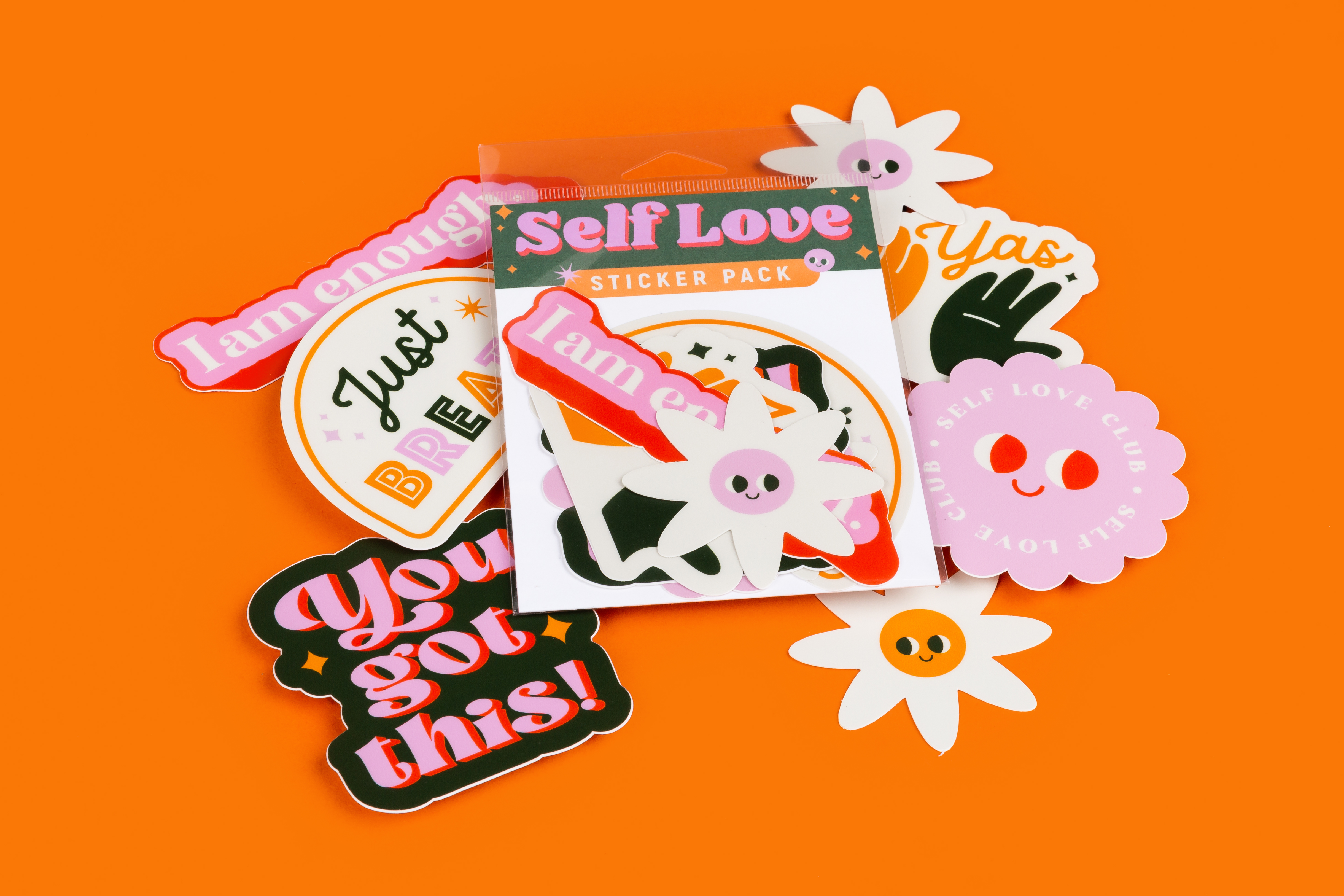 pack de stickers avec des fleurs blanches et roses et des déclarations d'amour-propre