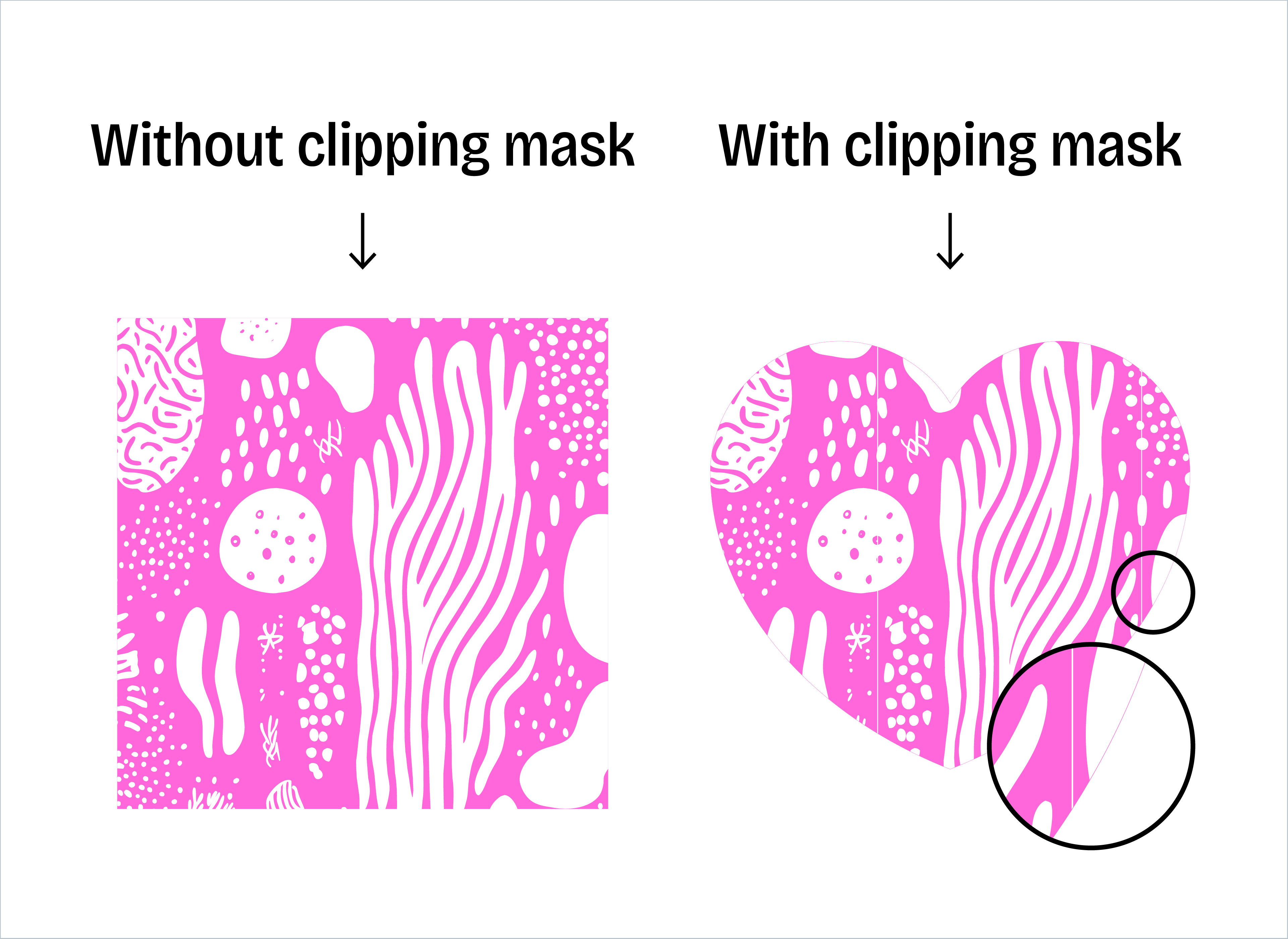 A side-by-side comparison showing a print-ready file without clipping masks (clean, correct colors, no phantom lines) and a problematic print with artifacts due to clipping masks.