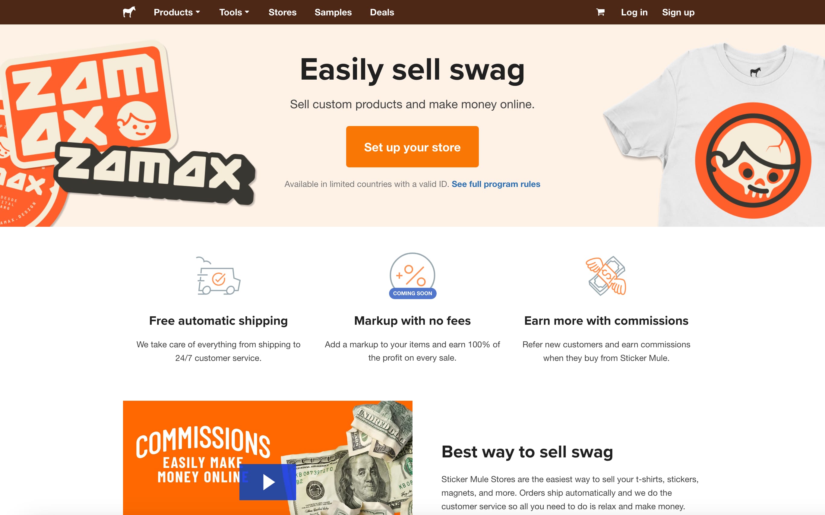 Página inicial das Lojas da Sticker Mule, uma forma de vender facilmente artigos como autocolantes e t-shirts para ganhar dinheiro online.