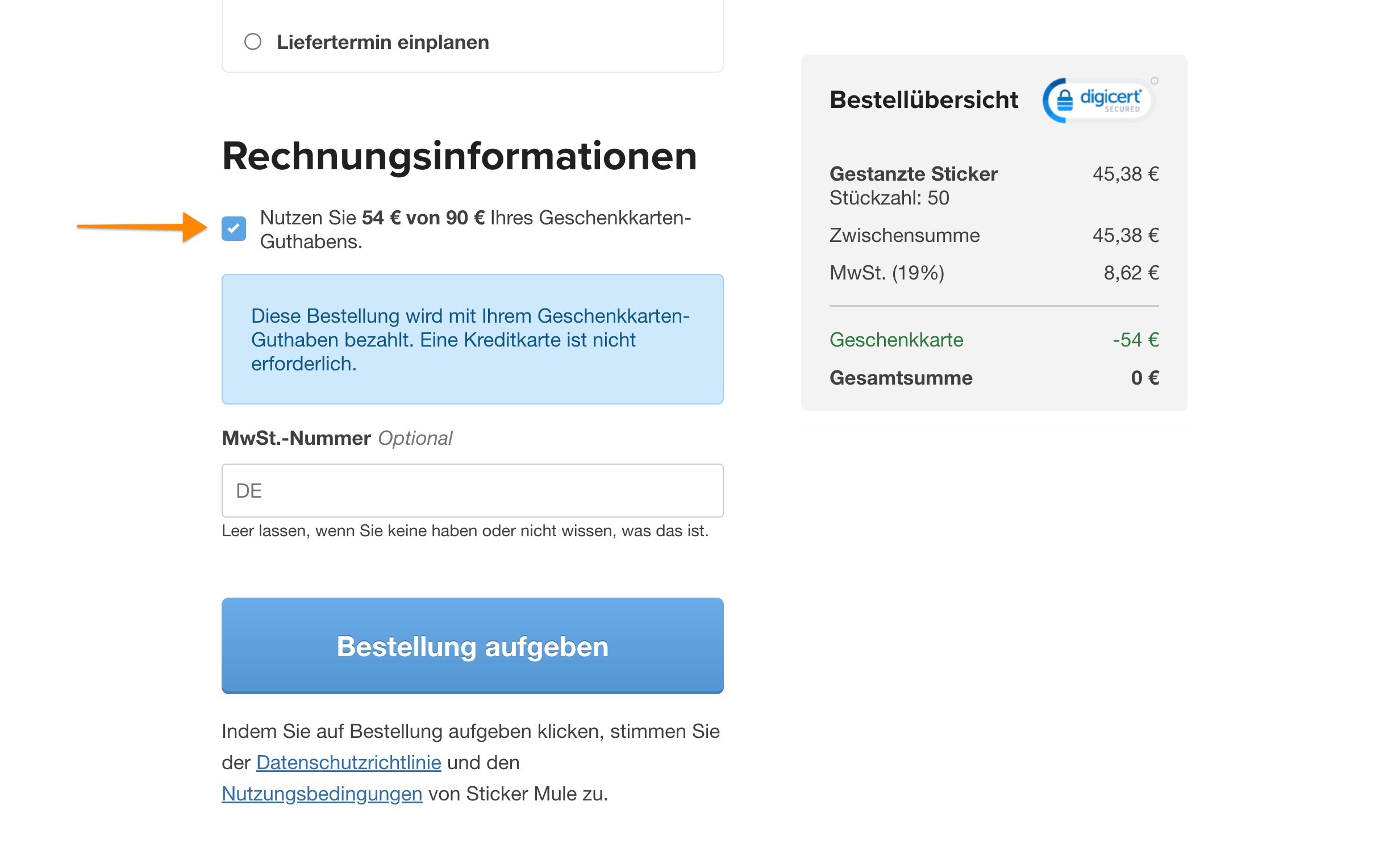Guthaben auf der Geschenkkarte kann während des Bezahlvorgangs verwendet werden