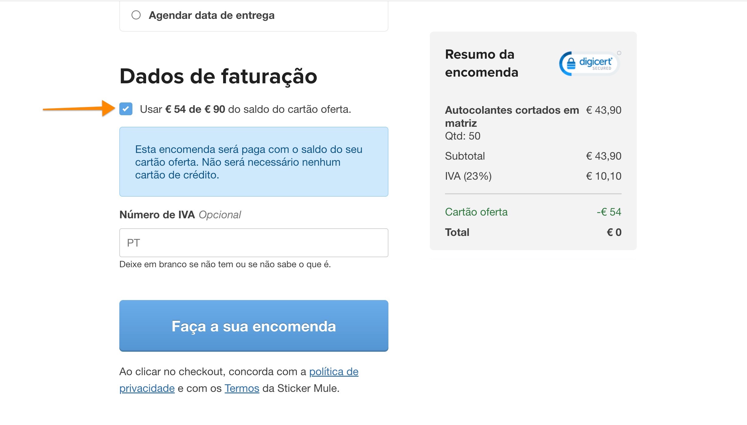 o saldo dos cartões oferta podem ser usados no checkout