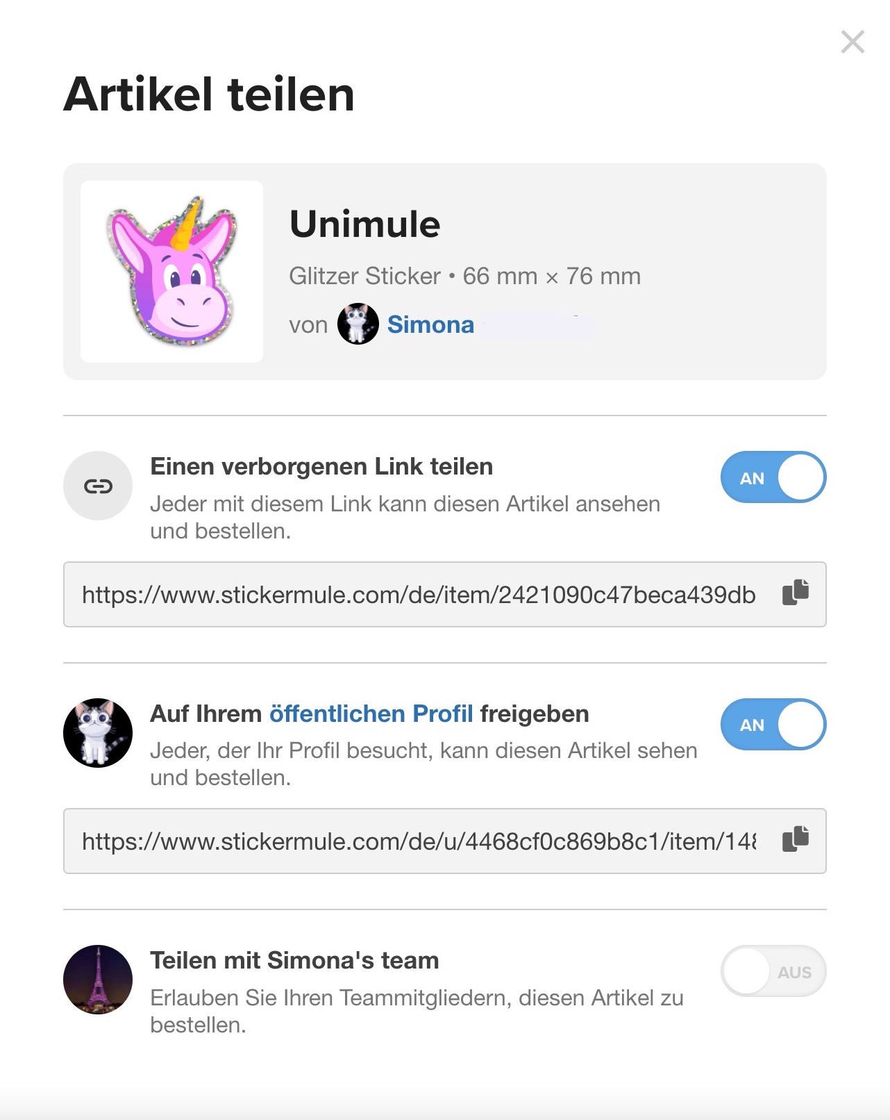 Sticker Mule Konto mit verschiedenen Optionen zum Teilen von Grafiken