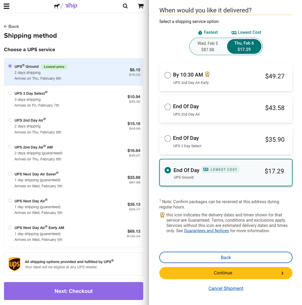 comparaison côte à côte d'ups et de sticker mule ship