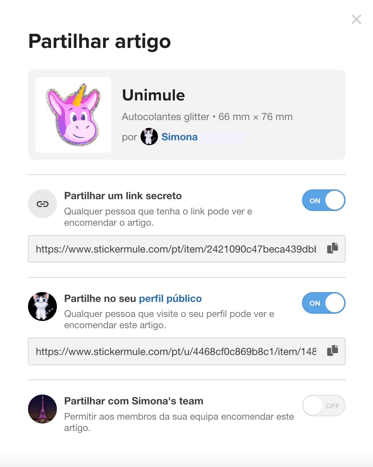 conta da sticker mule a mostrar diferentes opções de partilha