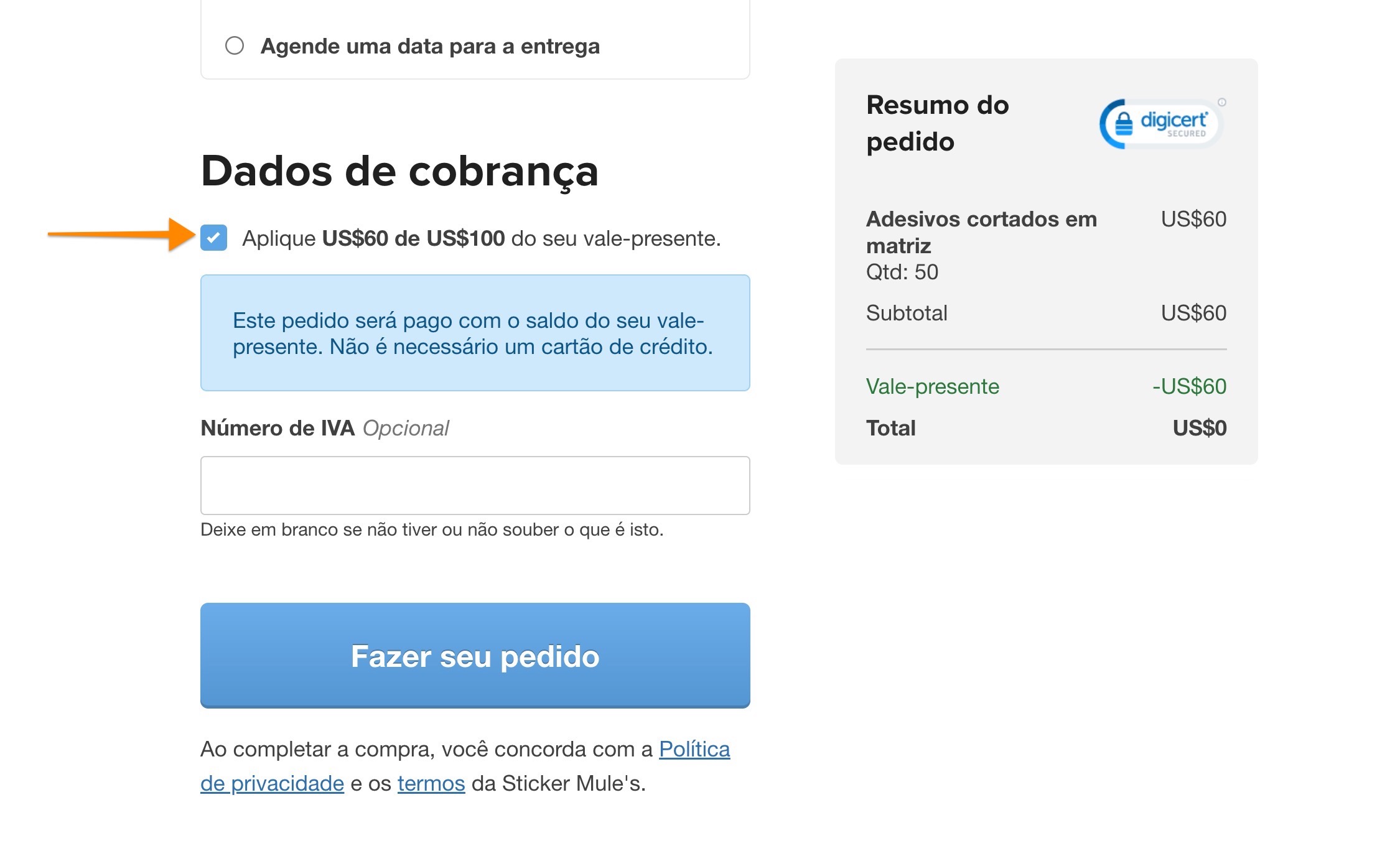os saldos de vales-presentes podem ser usados no checkout