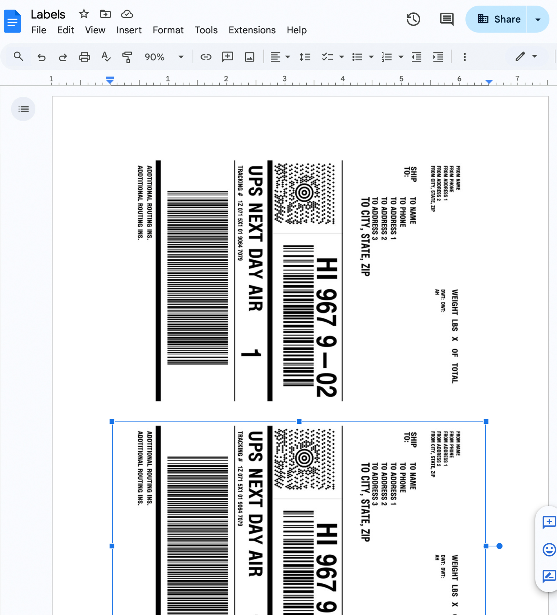 économiser de l'argent en imprimant deux étiquettes ups sur une page