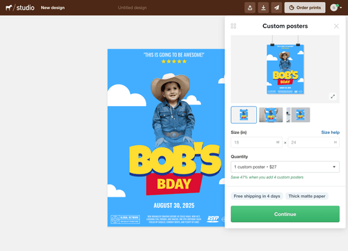 Placing an order showing the checkout for the personalized birthday poster