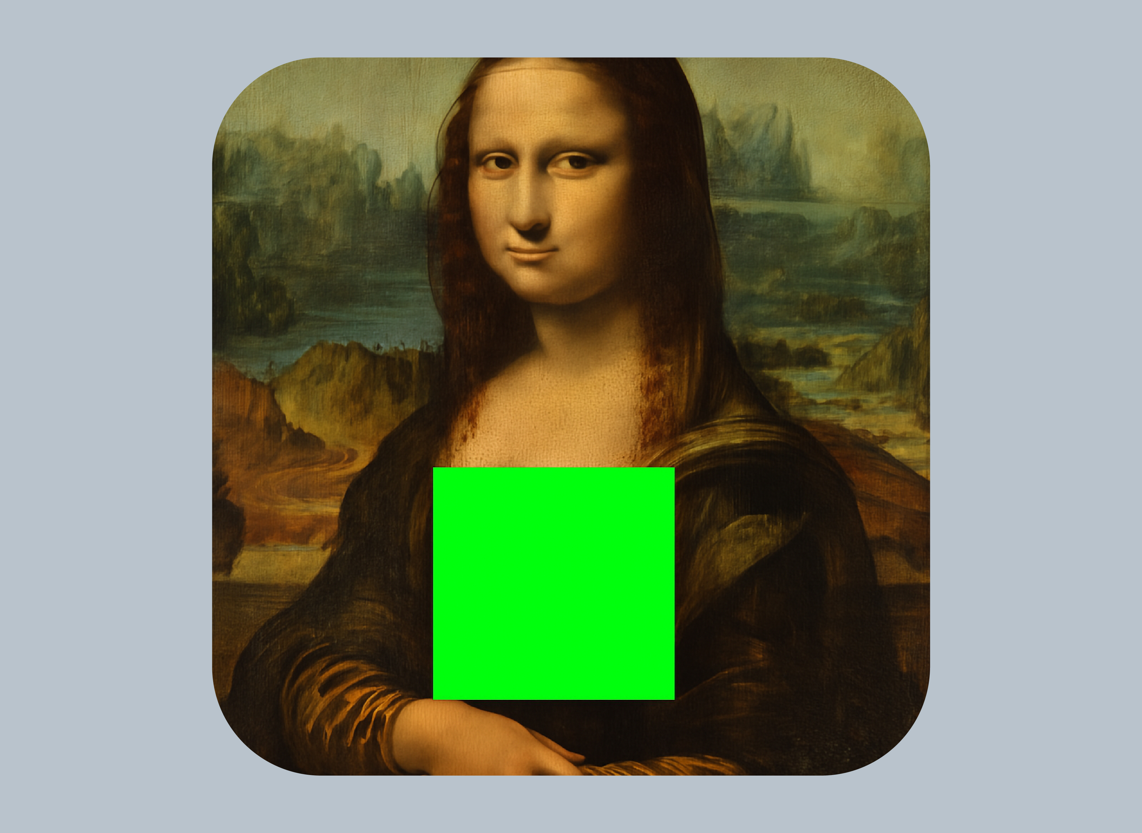 image of Mona Lisa with a square of bright RGB green artwork in the bodice
