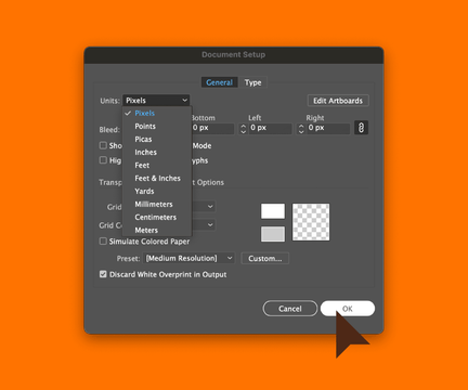 Document Setup window in Adobe Illustrator, changing pixels to inches