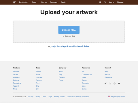 página carregar a sua arte da Sticker Mule, para carregar o seu design de t-shirt personalizada