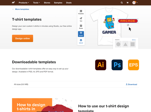 Página de modelos de t-shirts da Sticker Mule, com opções para os descarregar ou criar o design na aplicação gratuita Studio