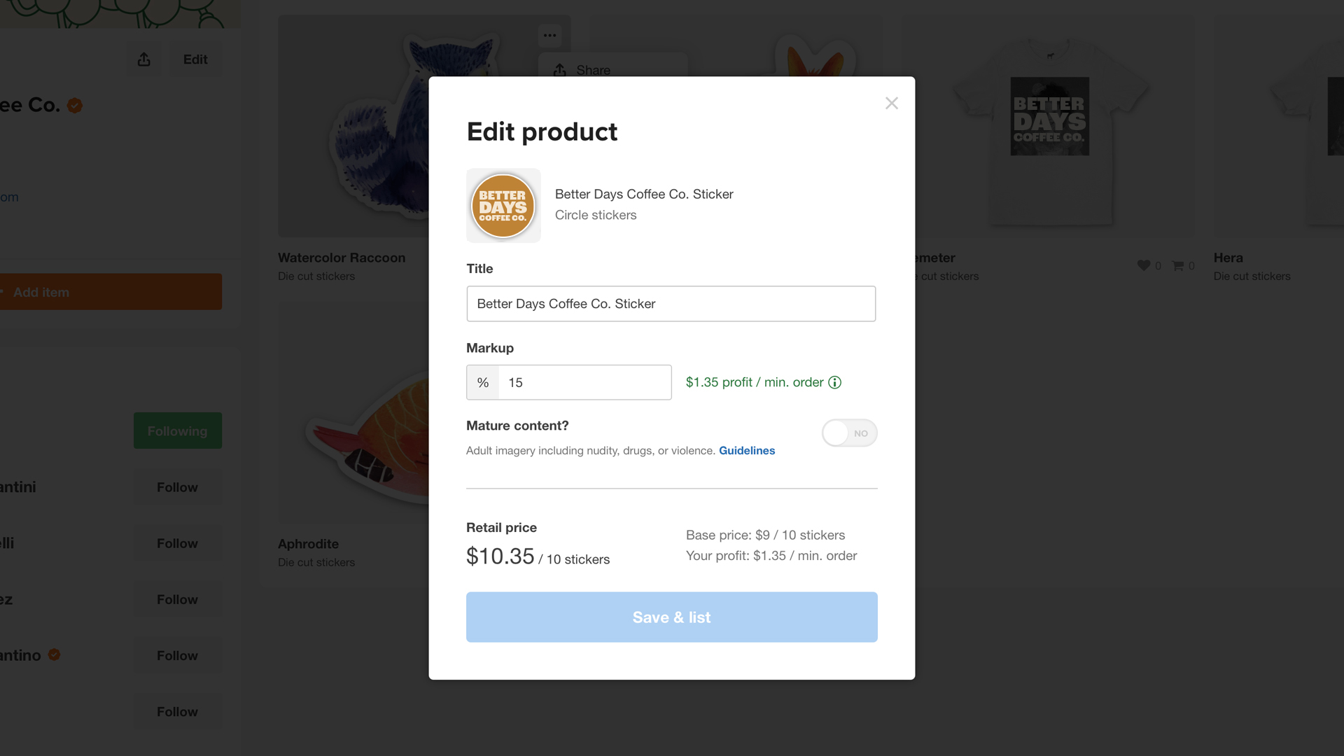 product information for selling stickers