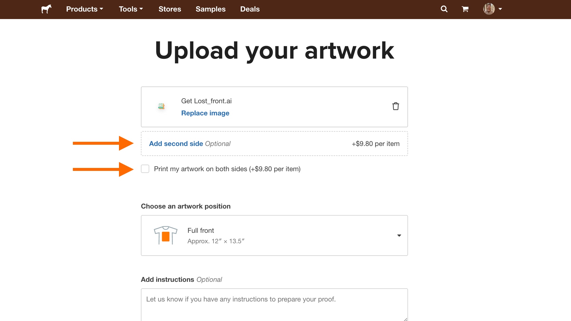 upload 2 sided t-shirts