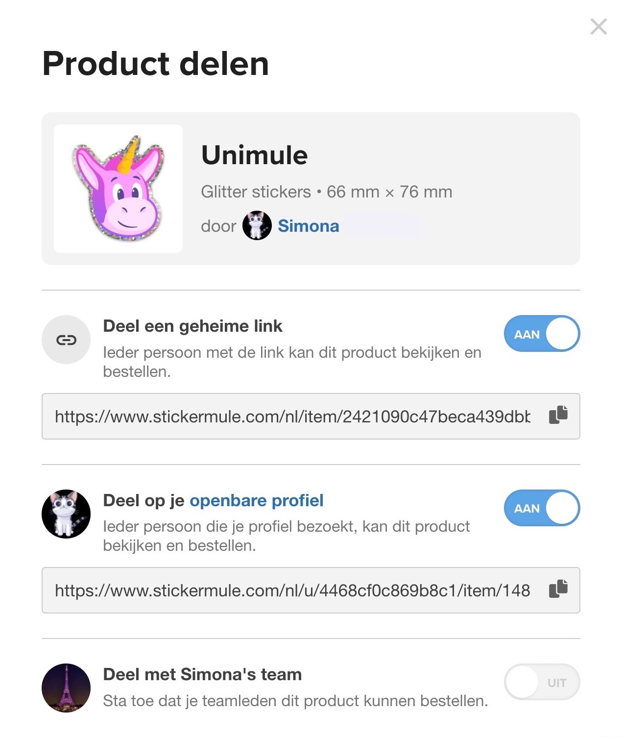account van sticker mule met diverse opties om illustraties te delen
