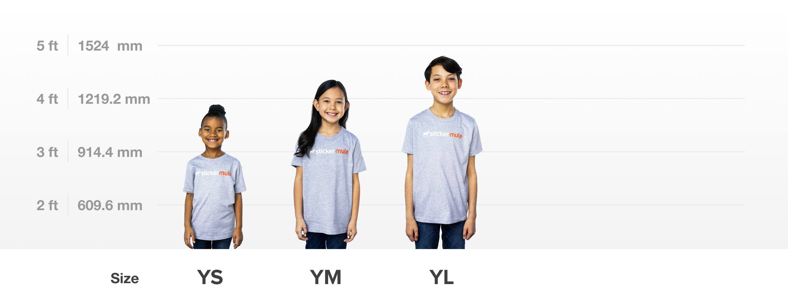 image showing sizing of small, medium, and large youth t-shirts