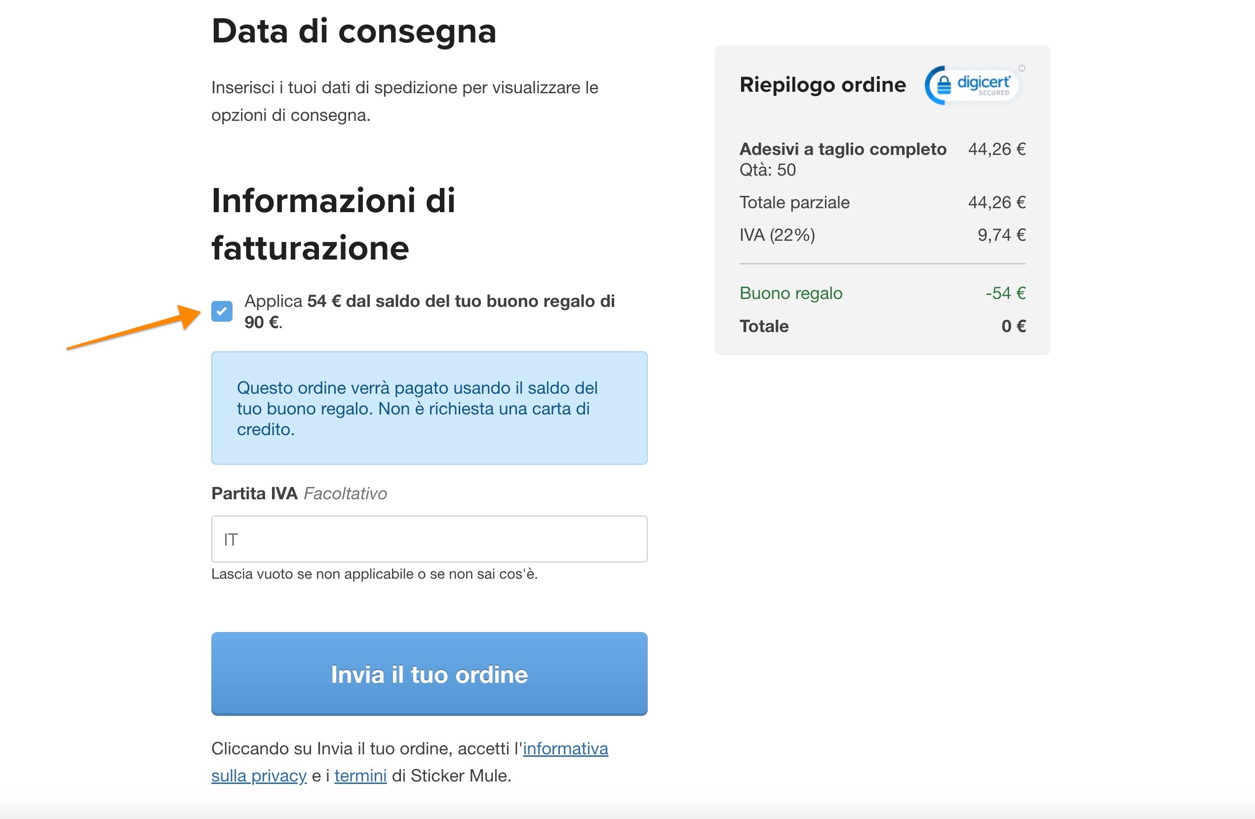 il saldo della carta regalo può essere usato al checkout