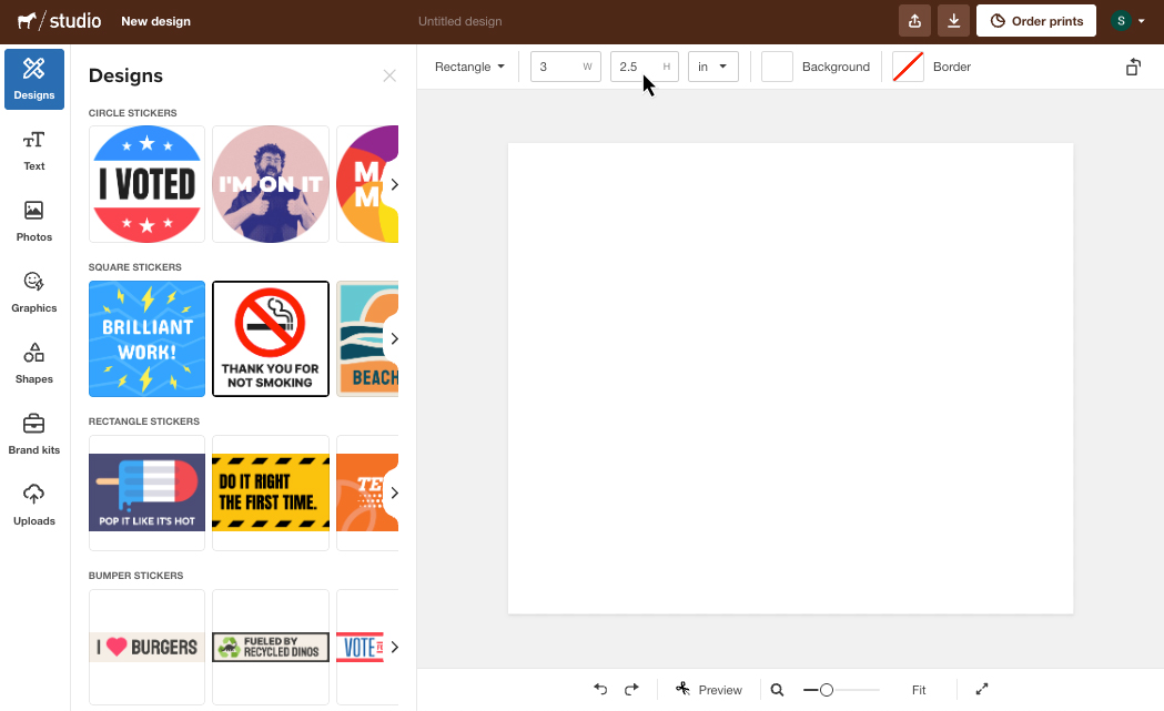 Specify your width and height in Sticker Mule Studio