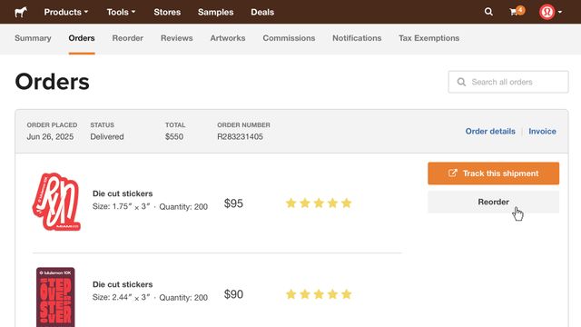 facilmente reordene produtos da Sticker Mule