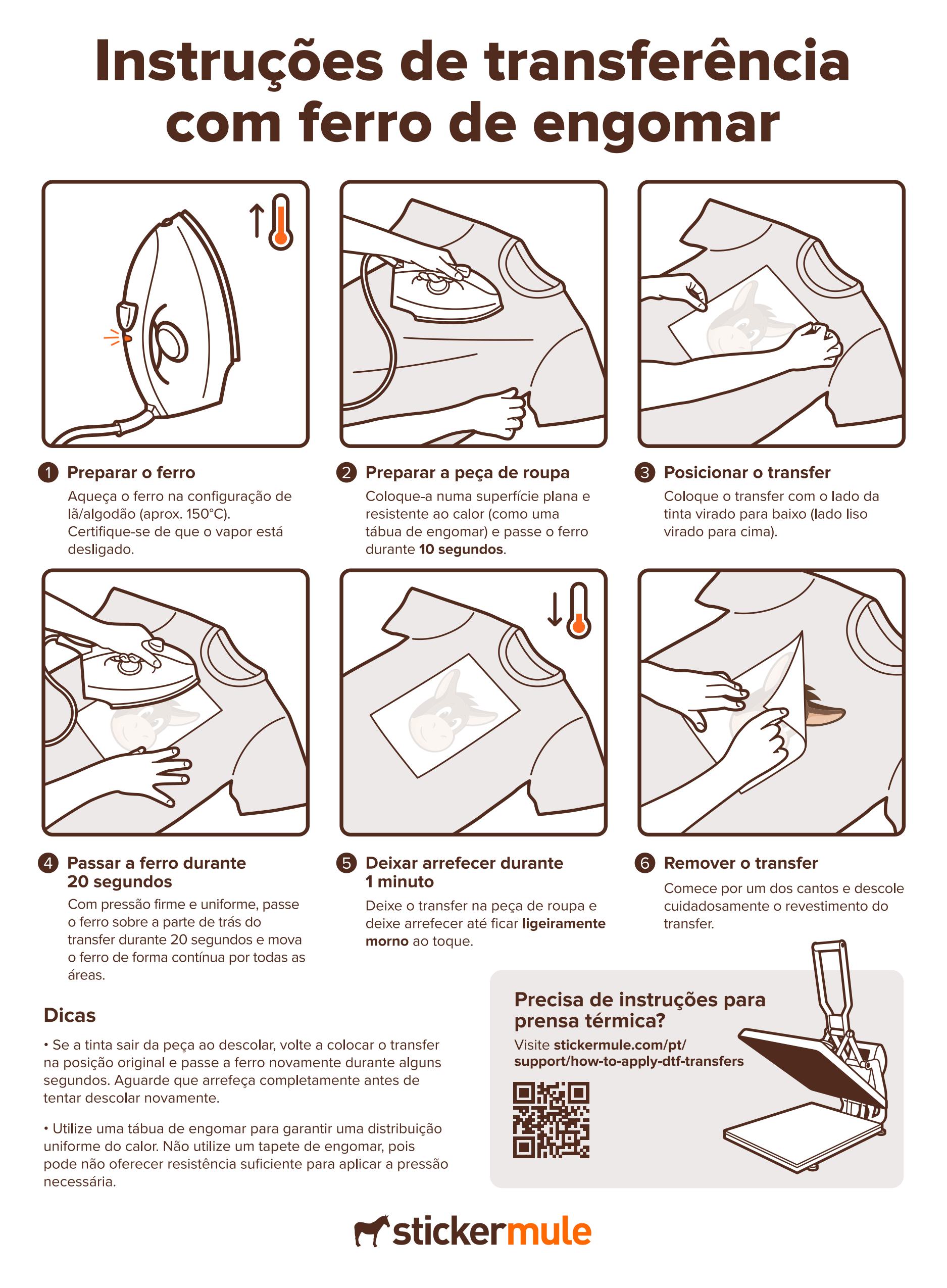 instruções de transferência com ferro de engomar