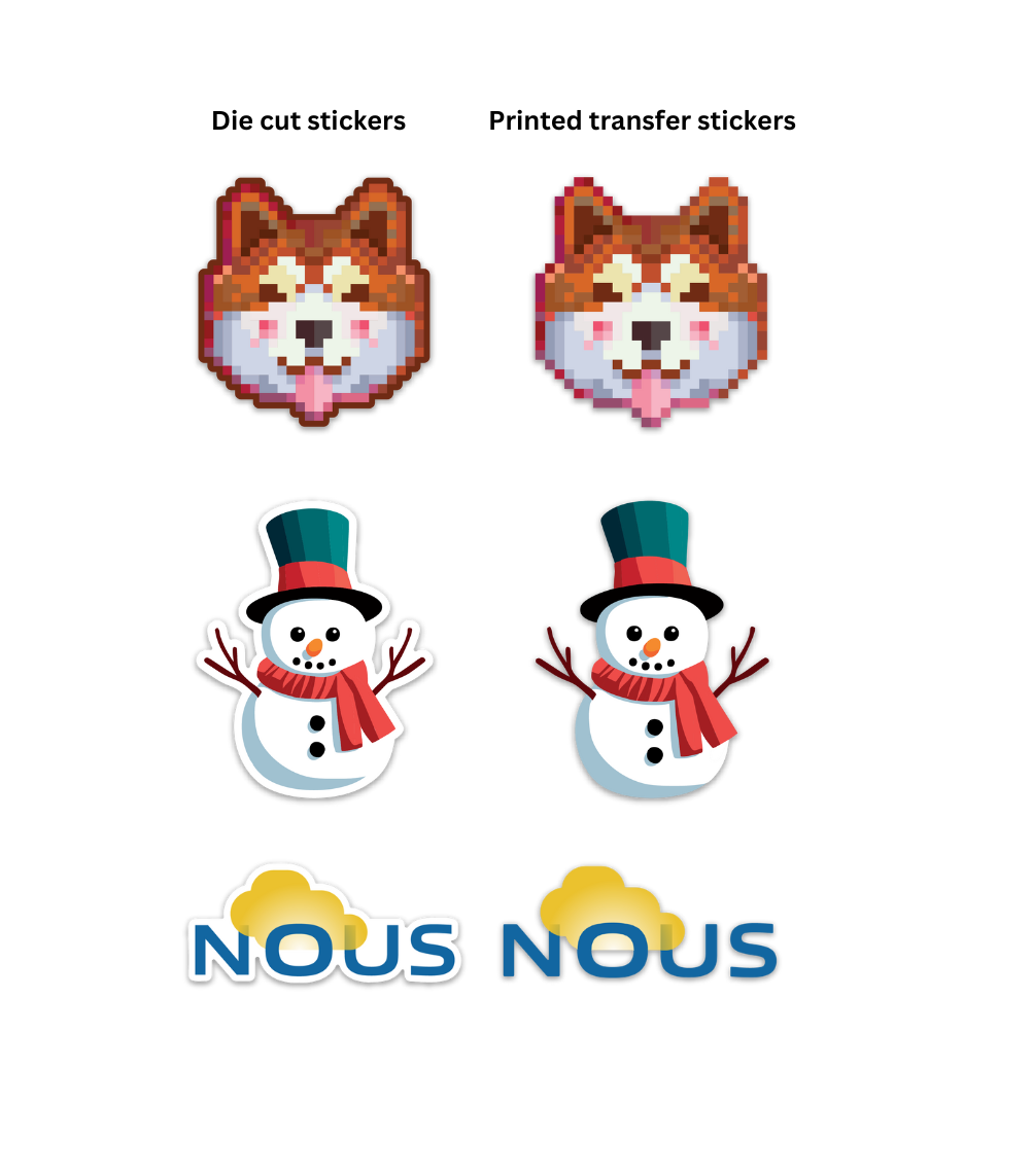 Beispiele für die Unterschiede zwischen gestanzten Stickern und farbigen Transfer Stickern
