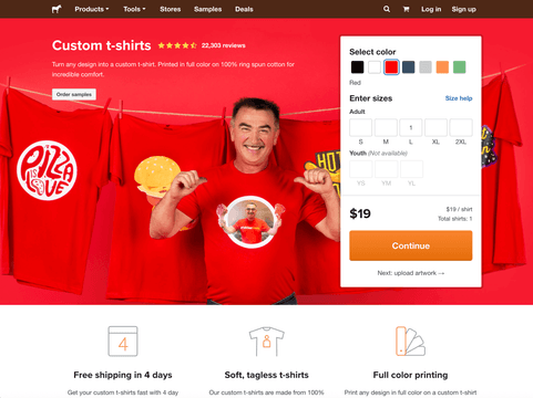 Página de encomenda de t-shirts da Sticker Mule onde pode encomendar as suas t-shirts personalizadas