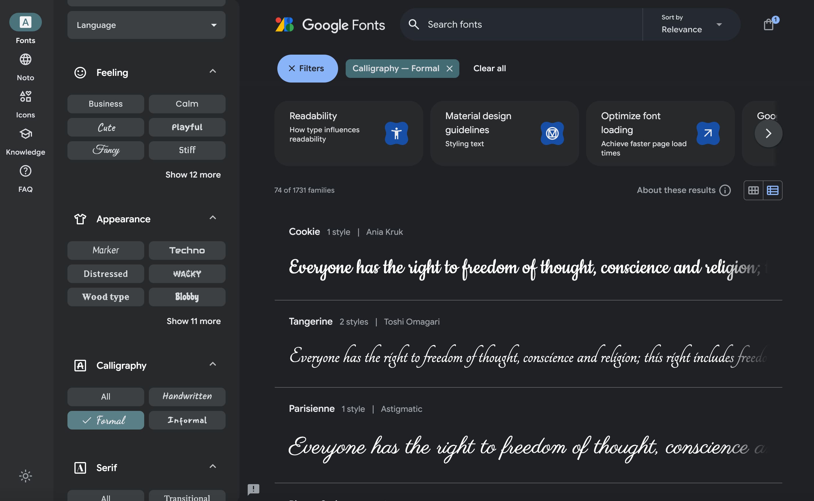 Google Fonts results with the different filter options such as font style, amount of styles and language.