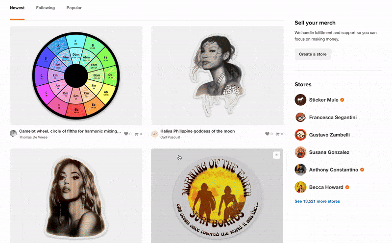 A opção de pesquisa das lojas Sticker Mule, mostrando os artigos que outros utilizadores carregaram