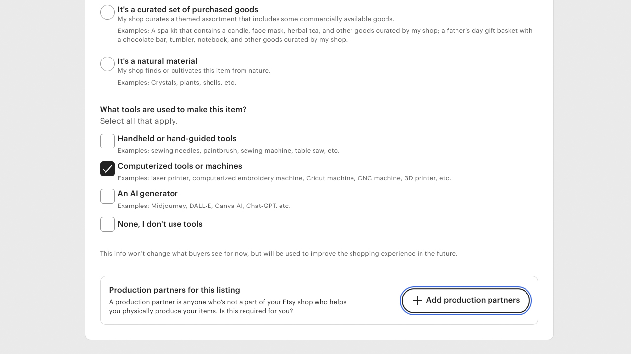 what to fill in for etsy production partner