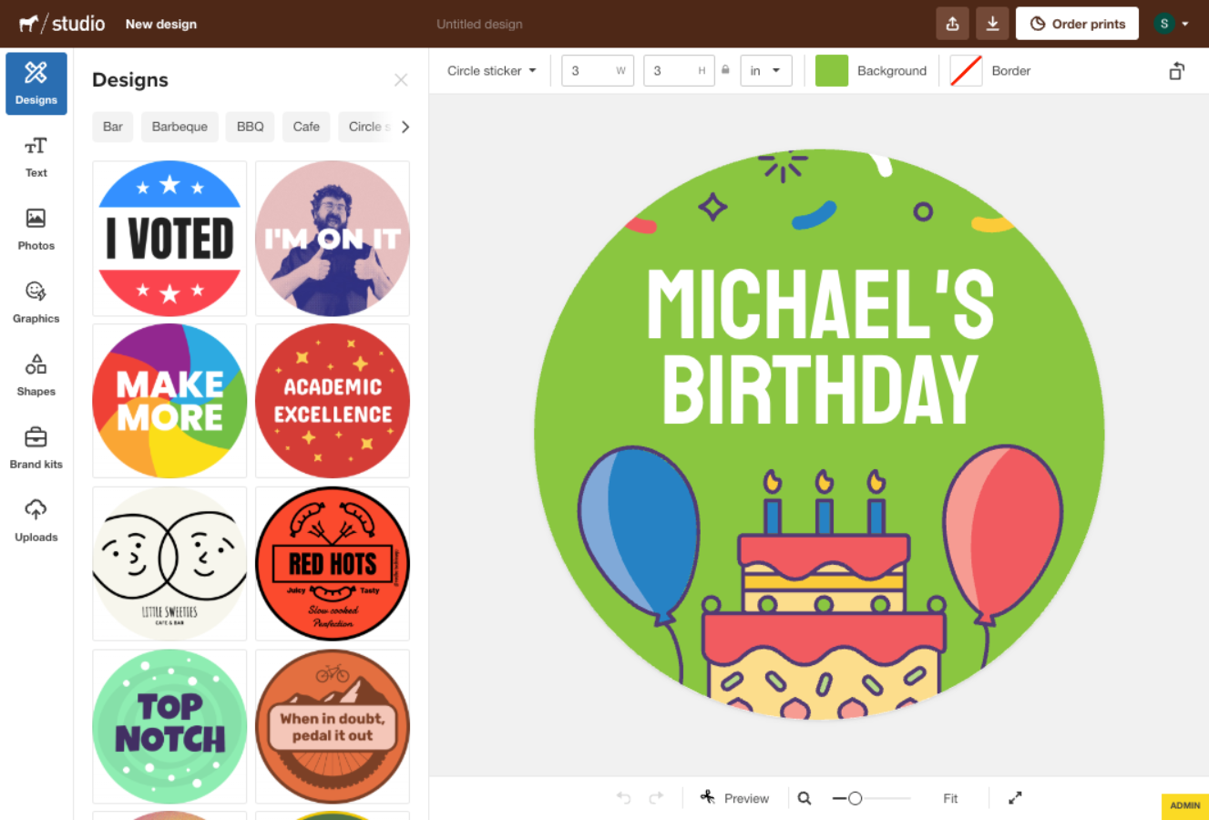 green birthday sticker template with cake and balloons