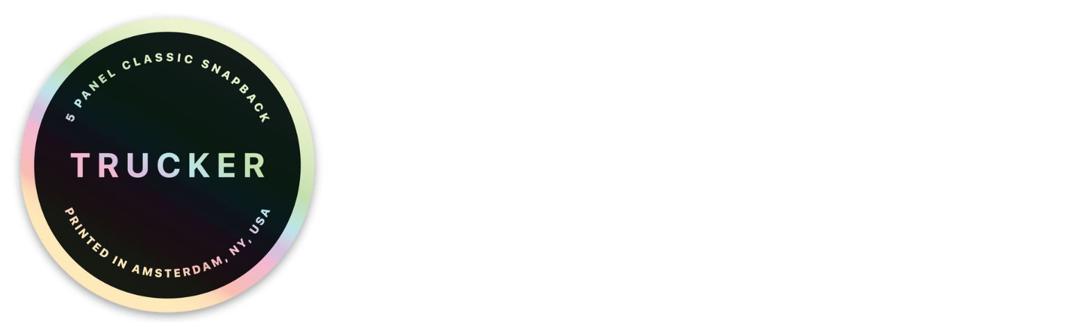pegatina holográfica con el texto 5 panel classic snapback trucker printed in amsterdam, ny, usa