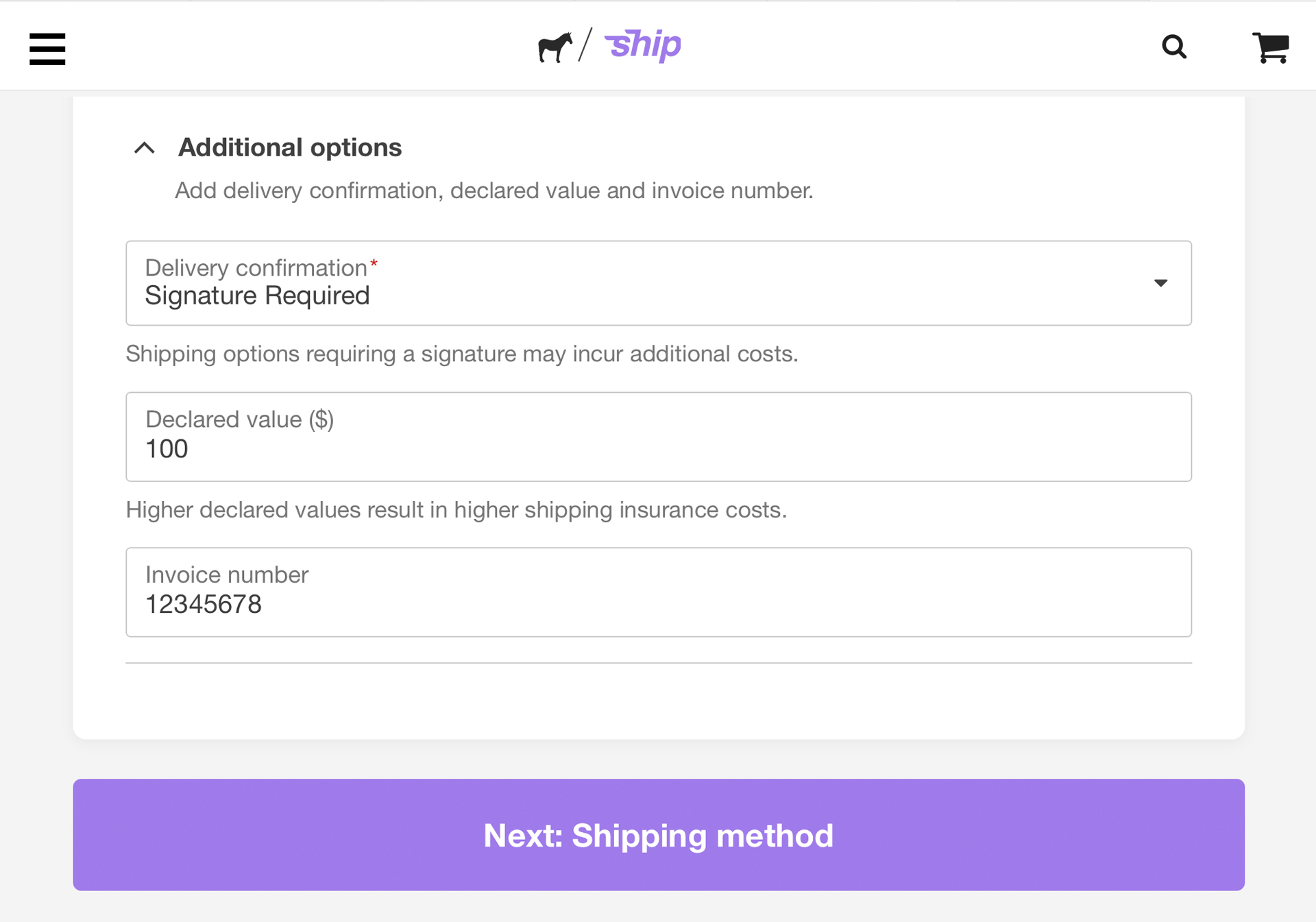 options supplémentaires pour l'envoi sur sticker mule ups