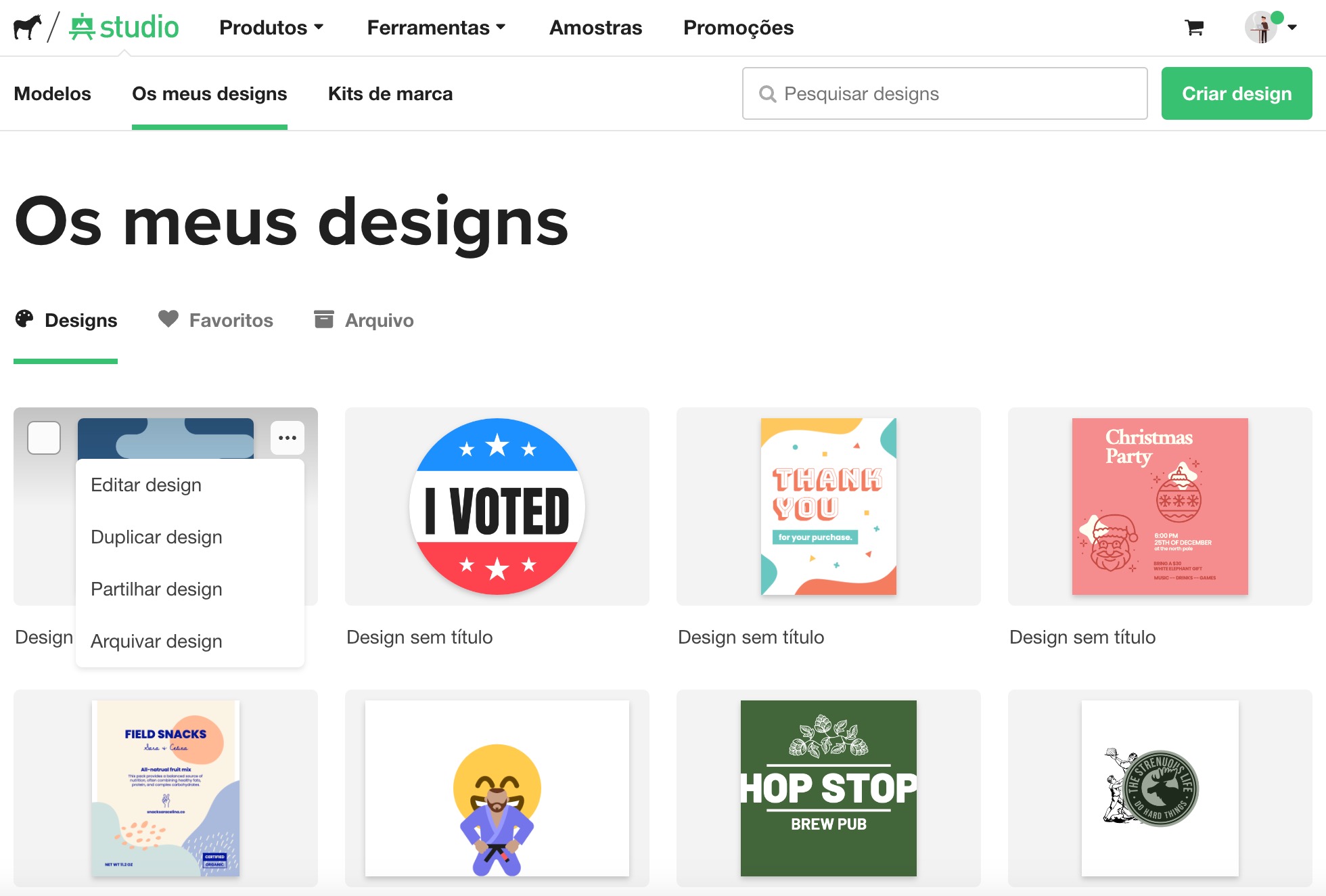 imagem das opções no programa gratuito de design online
