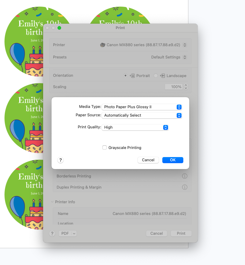 printer settings for stickers on a canon inkjet